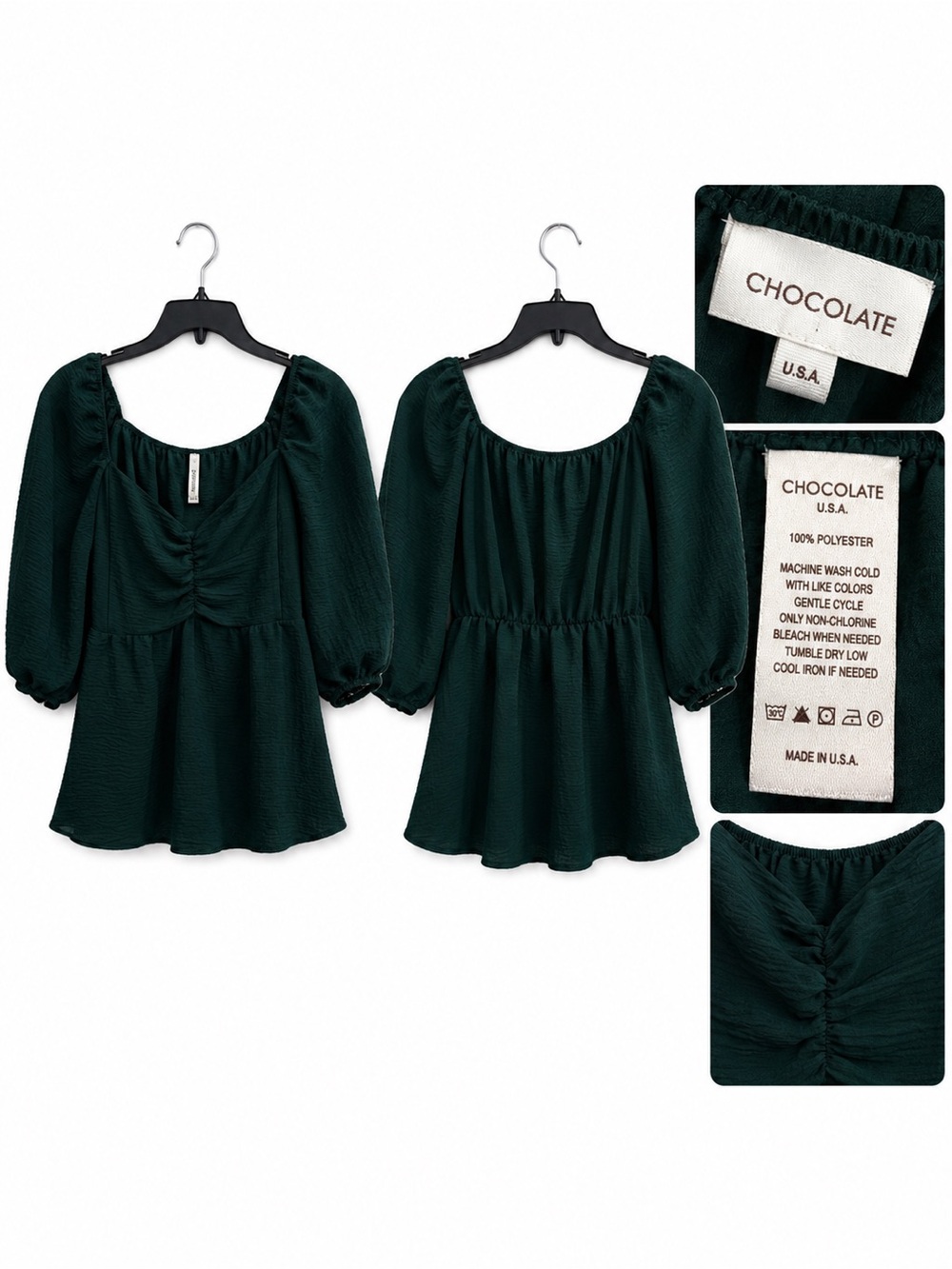 Chocolate Dark Green Puff-Sleeve Peasant Top